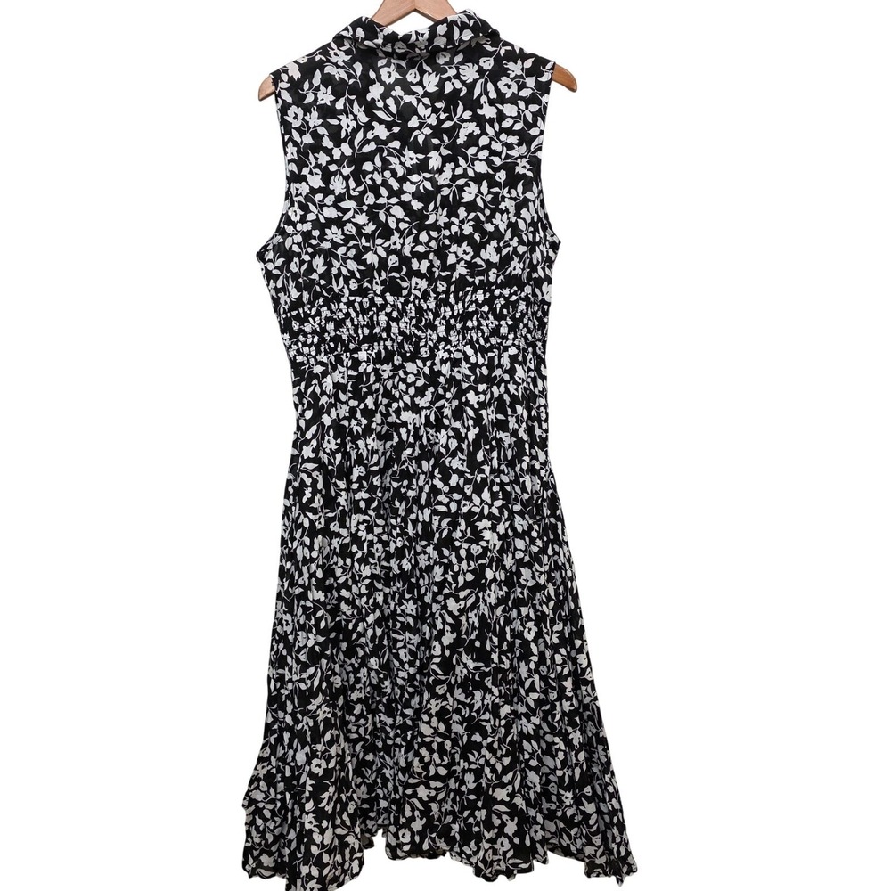 Chelsea & Theodore XL Black White Floral Cotton Smocked Midi Dress Sleeveless - Picture 4 of 13